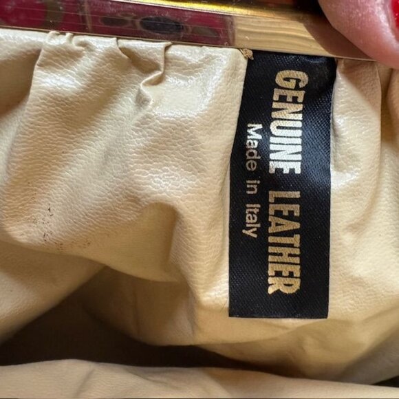 Vintage Yellow Leather Clutch Purse With Wooden Frame Made In Italy - Picture 5 of 6